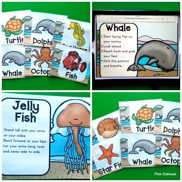 Fun ocean themed yoga pose will get kids pretending to be whales, fish, turtles and more! Great for incorporating movement into an ocean lesson plan. These poses are perfect for preschool, kindergarten and up!