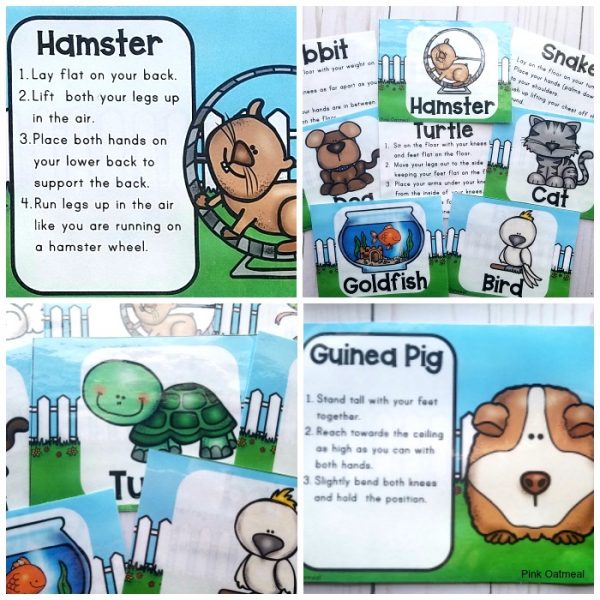 Pet Themed Yoga Cards and Printables are fun activities to add movement to your day! Preschoolers will love pretending to be hamsters, turtles, cats and more! Great to add to your animal or pet lessons for a brain break.