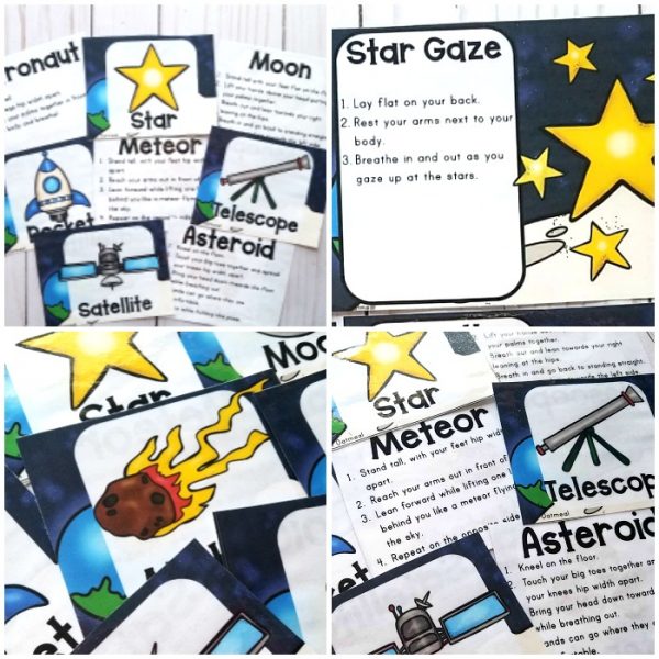 Space Yoga Cards and Printables are fun activities for kids where they can be astronauts, stars and telescopes. These are great for toddlers, preschoolers and elementary school kids.